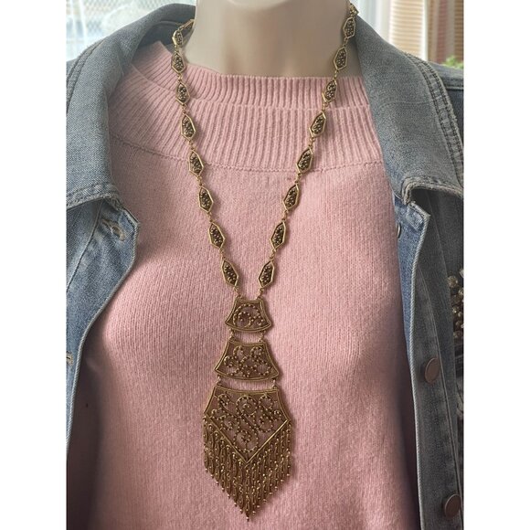 Vintage Monet Gold Filigree Paisley Tassel Statement Necklace 1970S Designer Art - Picture 6 of 16